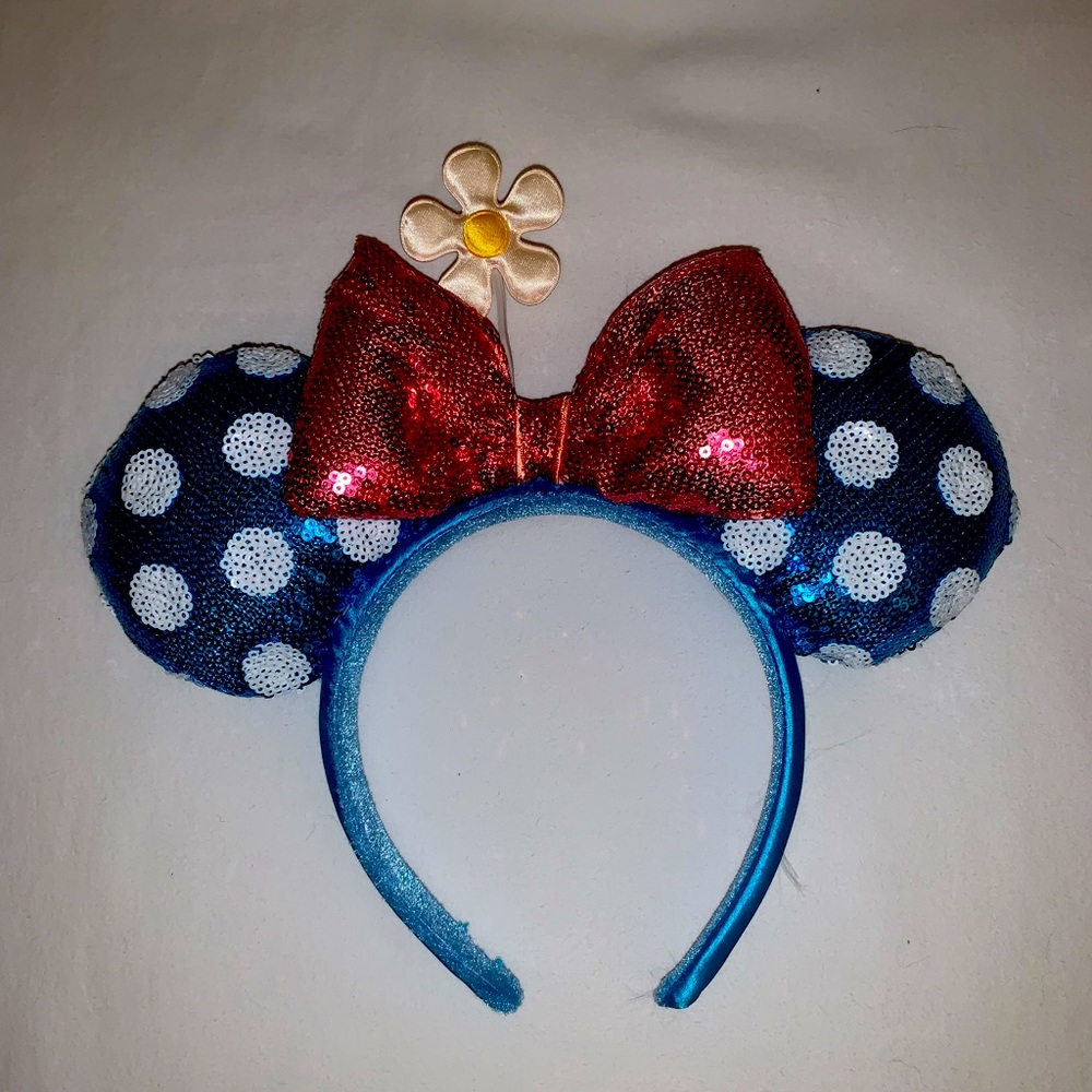 Blue Polka Dot Sequin Minnie Ears Headband with Red Bow